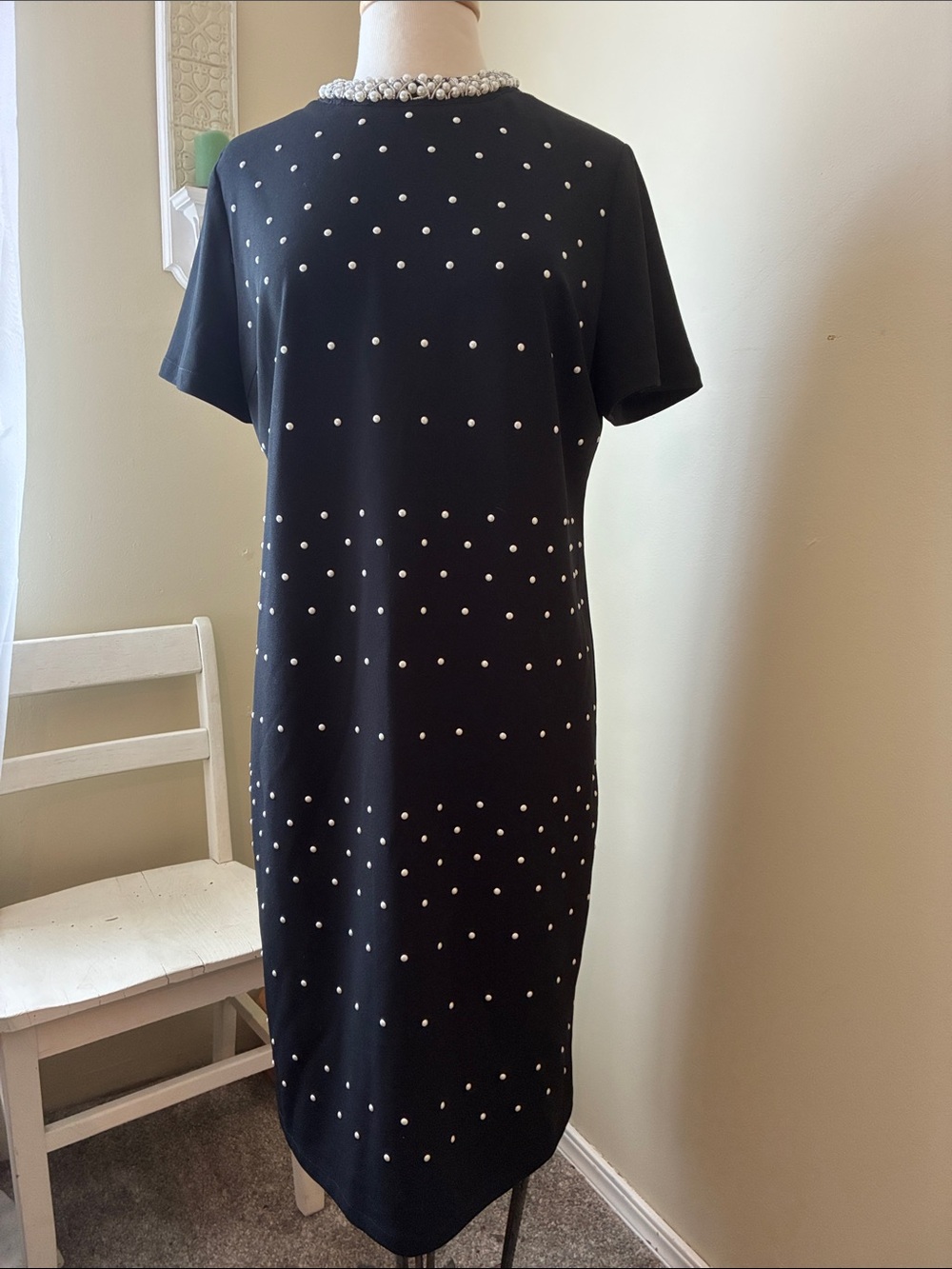 Ming Wang Black Midi Shift Dress with Faux Pearl Accents